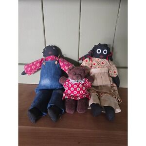 Primitive Folk Art Rag Dolls Set Pennsylvania Heirloom Signed  1940s Handmade